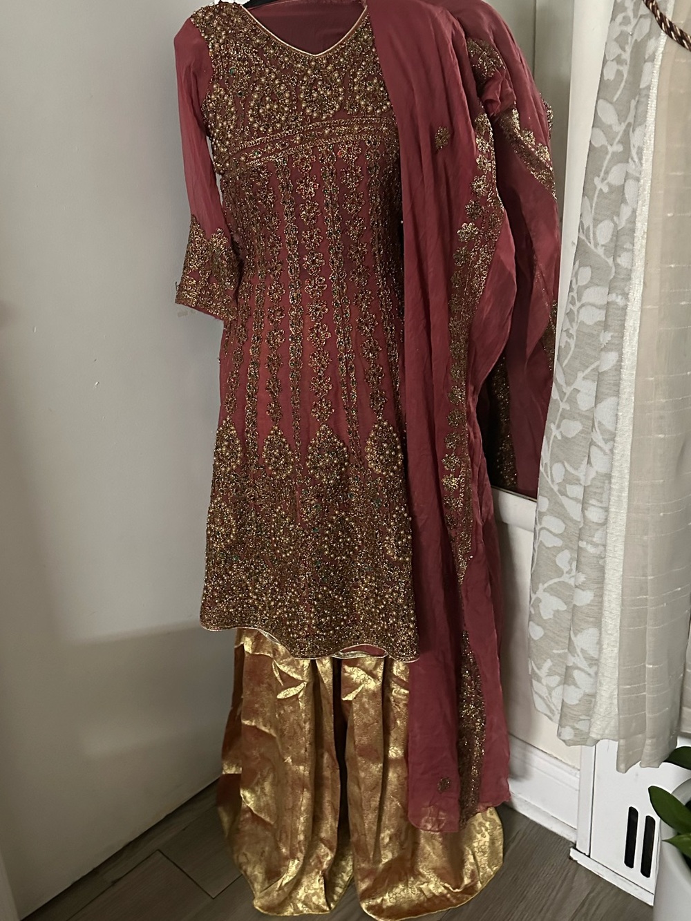 Embellished Rose Gold Women’s Formal Dress with Gold plazo Trousers